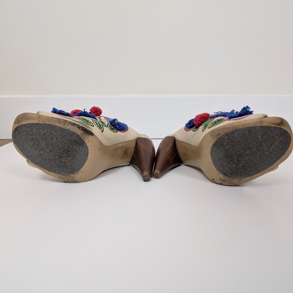 Tory Burch Multicolor Leather and Embroidered Fabric Pom Pom Open Toe Mules - Picture 5 of 11